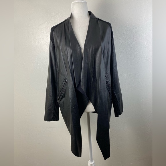 Melissa McCarthy Seven 7 Black Faux Leather Ribbed Knit Cardigan Sweater Small - Picture 16 of 16